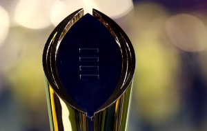 ARLINGTON, TX - JANUARY 12: National Championship Trophy sits in the end zone prior to the College Football Playoff National Championship Game between the Oregon Ducks and the Ohio State Buckeyes at AT&T Stadium on January 12, 2015 in Arlington, Texas. (Photo by Ronald Martinez/Getty Images)